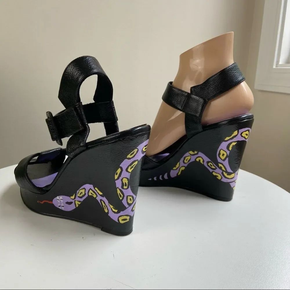 Hand Painted Nine West Platform Wedge Pumps Featuring Snake Motif One of a Kind